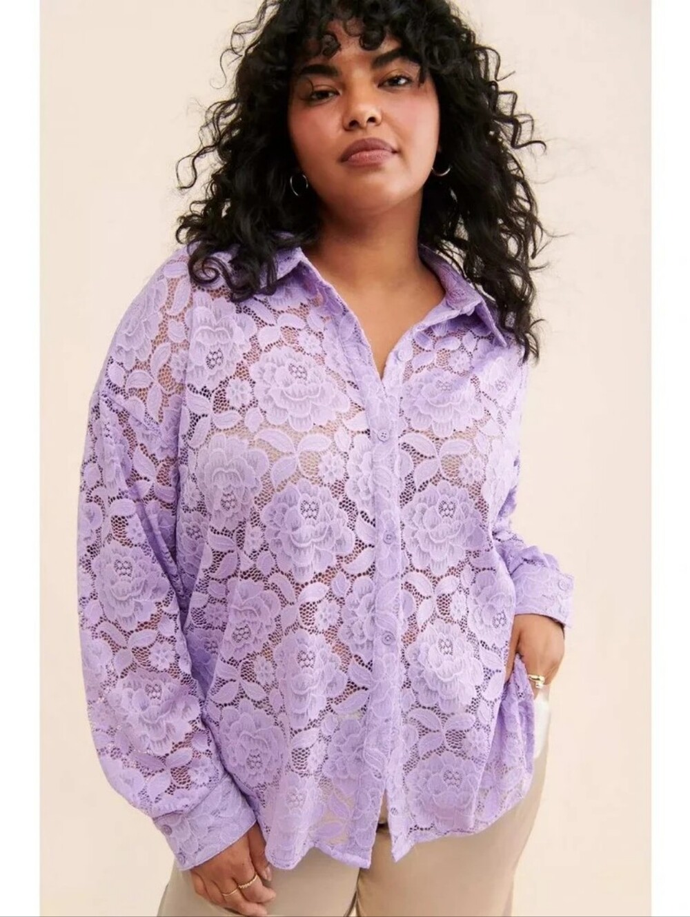 Anthropologie Hutch Lavender Floral Sheer Lace Button Down Blouse Size Medium